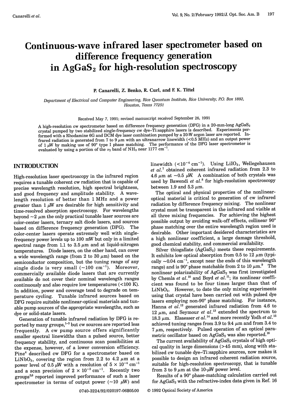 Continuous-Wave Infrared Laser Spectrometer Based on Difference Frequency Generation in Aggas2 for High-Resolution Spectroscopy