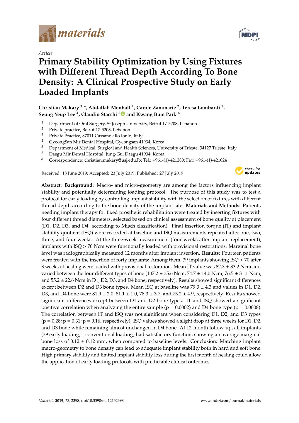 Primary Stability Optimization by Using Fixtures with Different Thread Depth According to Bone Density