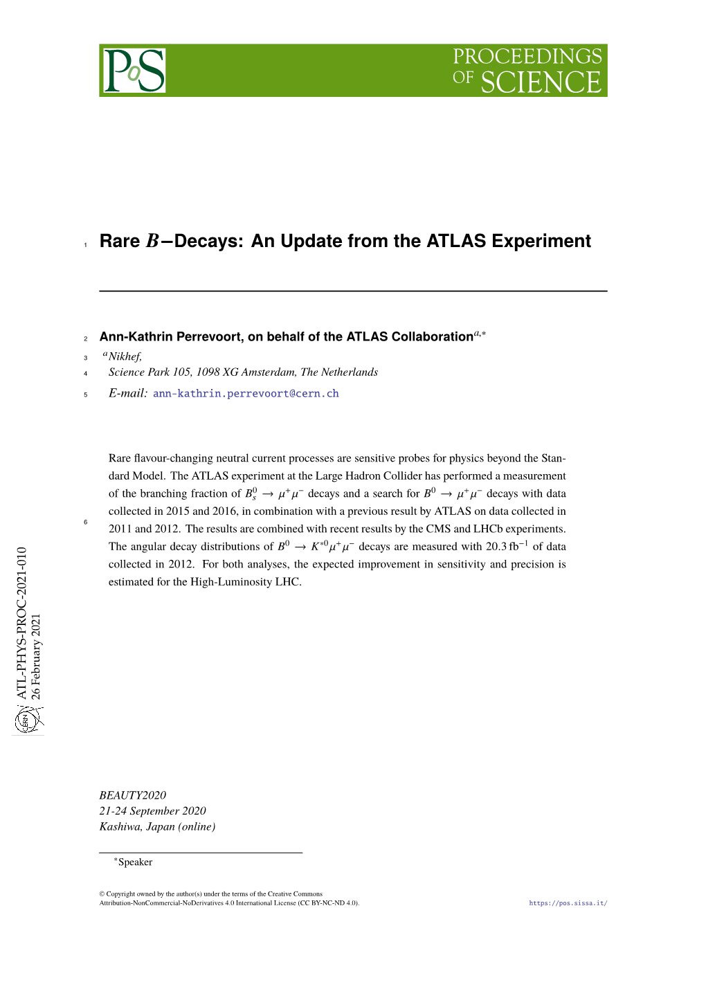 Rare B−Decays: an Update from the ATLAS Experiment Ann-Kathrin Perrevoort