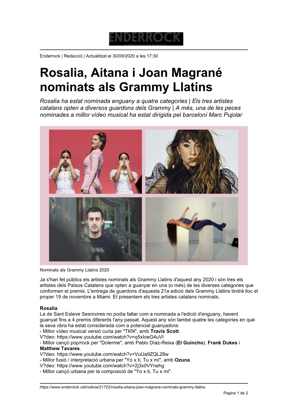 Rosalia, Aitana I Joan Magrané Nominats Als Grammy Llatins