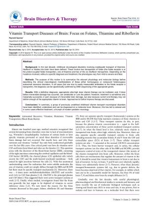 Vitamin Transport Diseases of Brain: Focus on Folates, Thiamine And