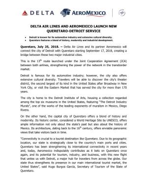 Delta Air Lines and Aeromexico Launch New Queretaro-Detroit Service