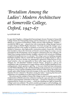 'Brutalism Among the Ladies': Modern Architecture at Somerville College, Oxford, 194.7-67