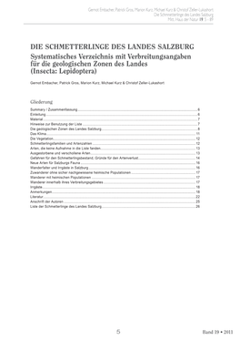 DIE SCHMETTERLINGE DES LANDES SALZBURG Systematisches Verzeichnis Mit Verbreitungsangaben Für Die Geologischen Zonen Des Landes (Insecta: Lepidoptera)