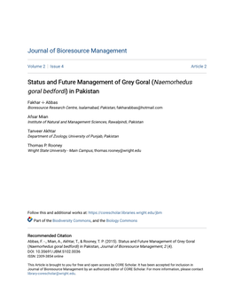 Status and Future Management of Grey Goral (Naemorhedus Goral Bedfordi) in Pakistan