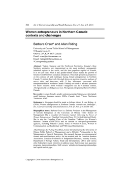 Women Entrepreneurs in Northern Canada: Contexts and Challenges