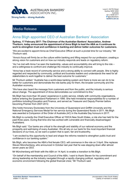 Media Release Anna Bligh Appointed CEO of Australian Bankers