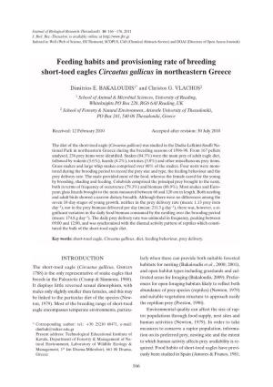 Feeding Habits and Provisioning Rate of Breeding Short-Toed Eagles Circaetus Gallicus in Northeastern Greece