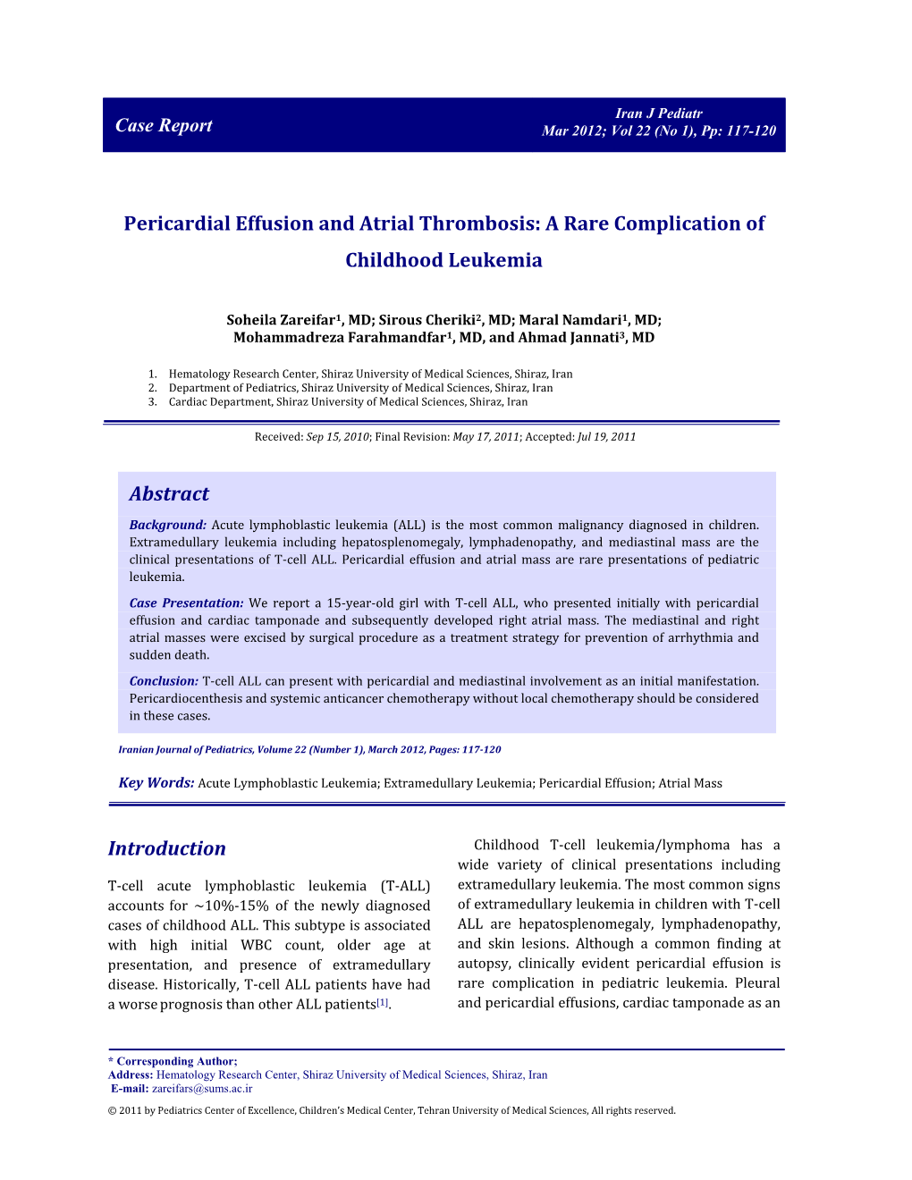 Pericardial Effusion and Atrial Thrombosis: a Rare Complication of Childhood Leukemia