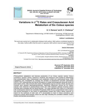 Variations in Δ C Rates and Crassulacean Acid Metabolism of Six Coleus Species
