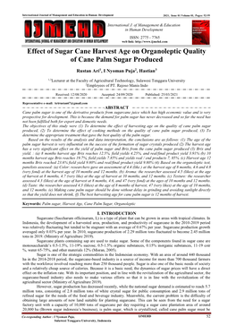 Effect of Sugar Cane Harvest Age on Organoleptic Quality of Cane Palm Sugar Produced