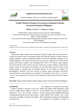 Trophic Models of Seagrass Ecosystems in Maqueda Channel, Caramoan Peninsula, Philippines Applied Environmental Research