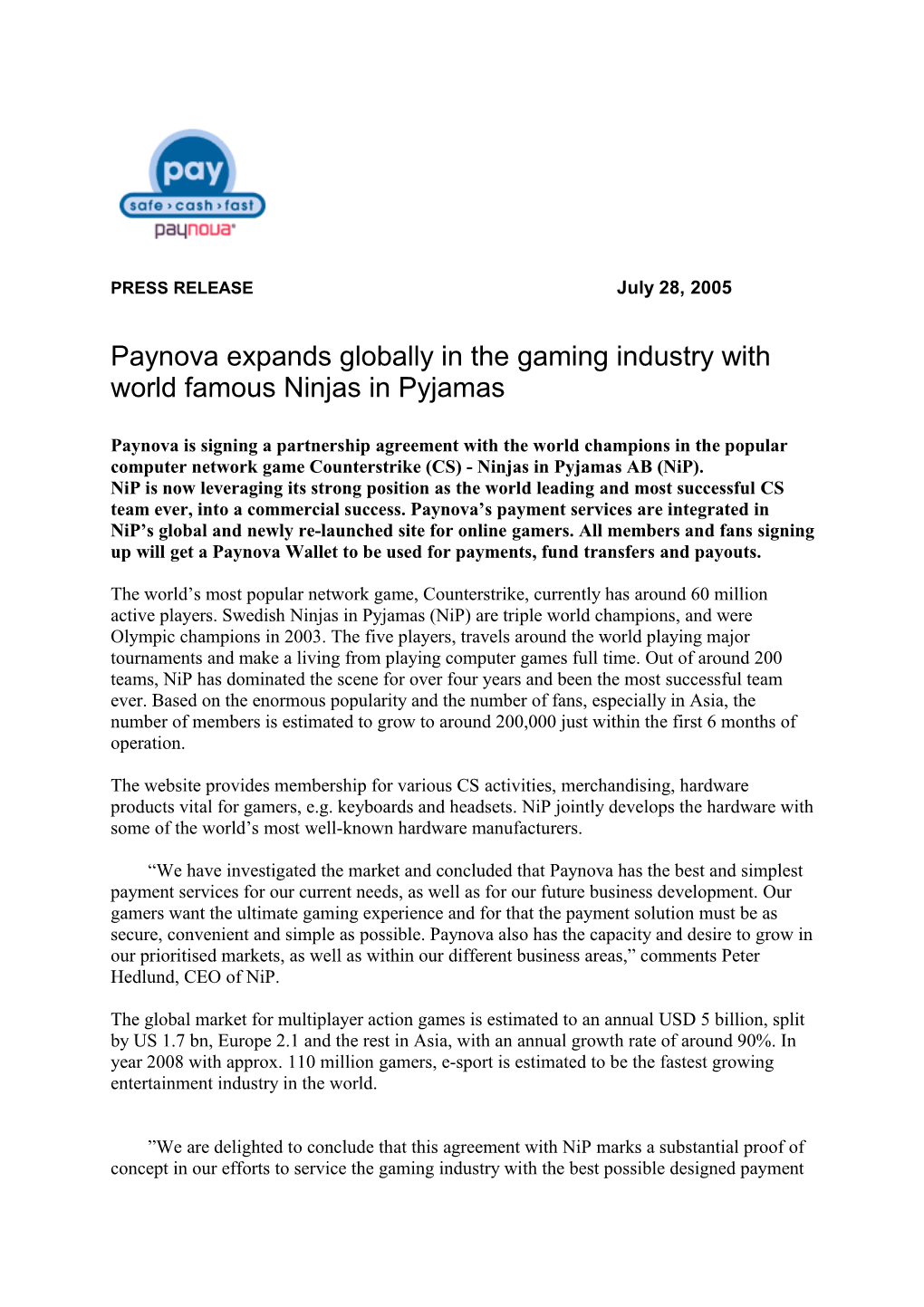 Paynova Expands Globally in the Gaming Industry with World Famous Ninjas in Pyjamas