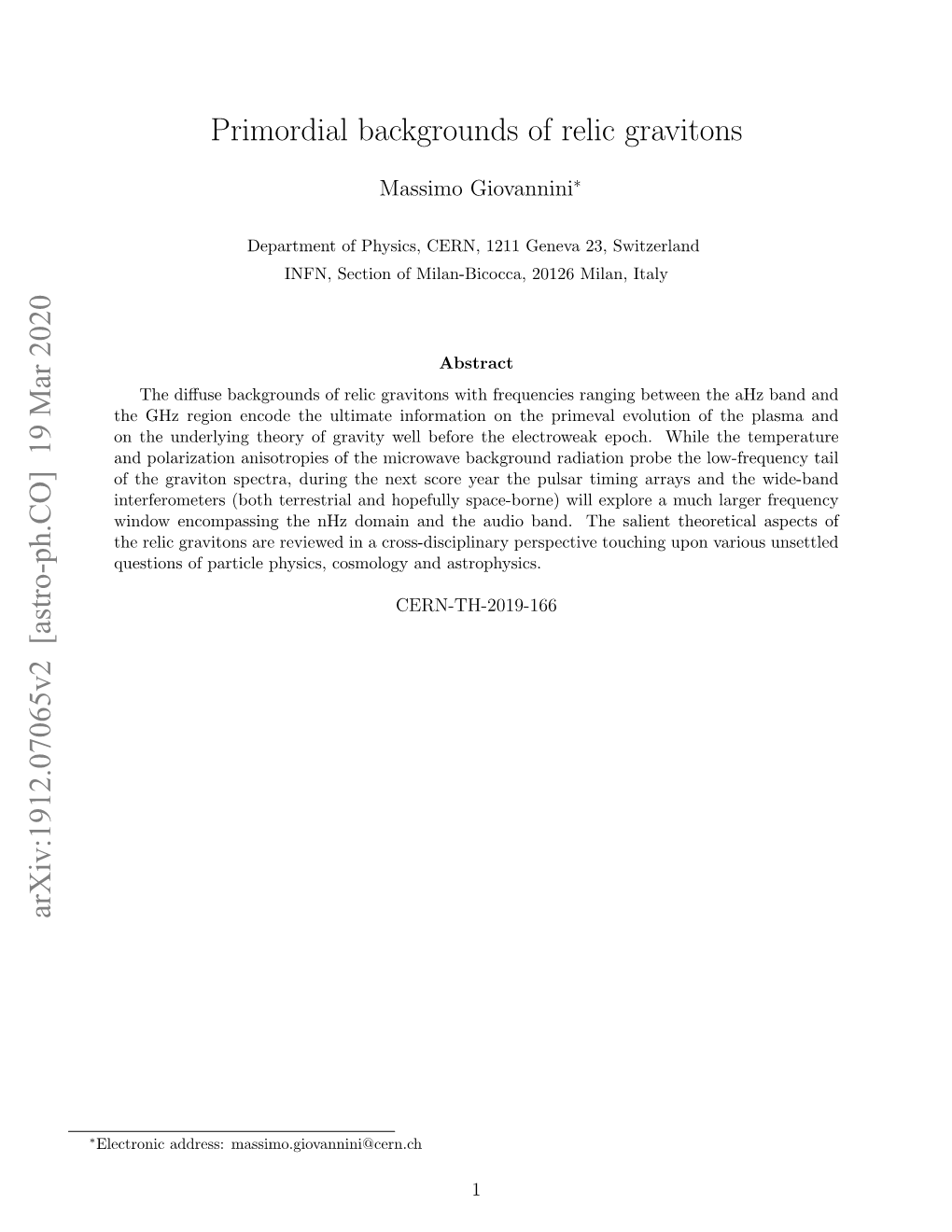 Primordial Backgrounds of Relic Gravitons Arxiv:1912.07065V2 [Astro-Ph.CO] 19 Mar 2020