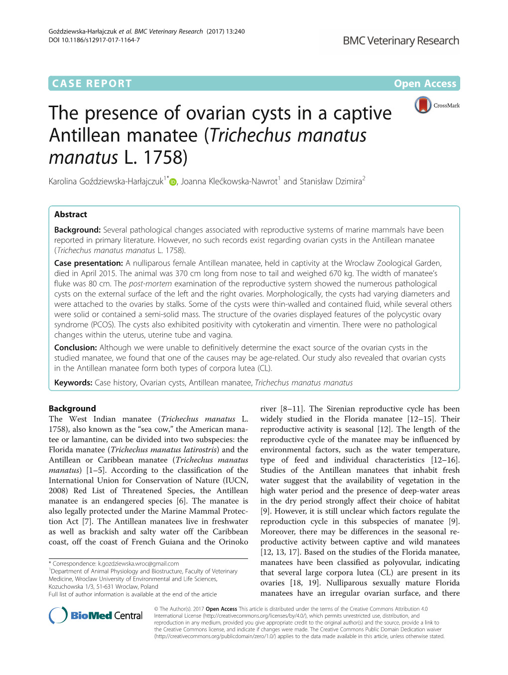 The Presence of Ovarian Cysts in a Captive Antillean Manatee (Trichechus Manatus Manatus L