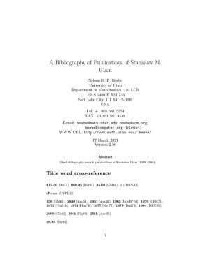 A Bibliography of Publications of Stanis Law M. Ulam