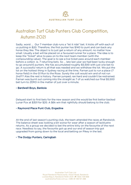 Australian Turf Club Punters Club Competition, Autumn 2021