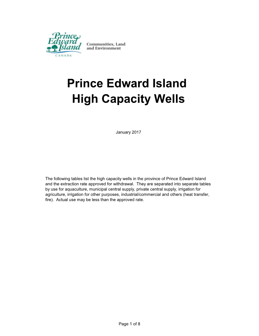 Prince Edward Island High Capacity Wells