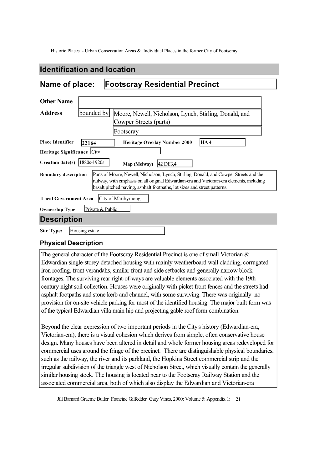 Name of Place: Footscray Residential Precinct Identification and Location