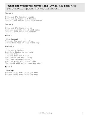 What the World Will Never Take [Lyrics, 133 Bpm, 4/4] [Hillsong United Arrangement] by Matt Crocker, Scott Ligertwood, and Marty Sampson