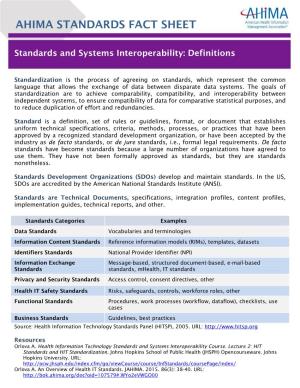 AHIMA Fact Sheet: Standards and Systems Interoperability Definitions