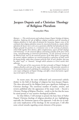 Jacques Dupuis and a Christian Theology of Religious Pluralism Przemyslaw Plata