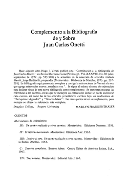Complemento a La Bibliografia De Y Sobre Juan Carlos Onetti