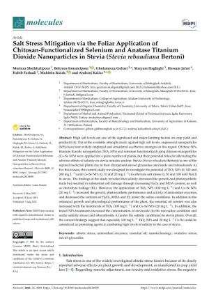 Salt Stress Mitigation Via the Foliar Application of Chitosan-Functionalized Selenium and Anatase Titanium Dioxide Nanoparticles in Stevia (Stevia Rebaudiana Bertoni)