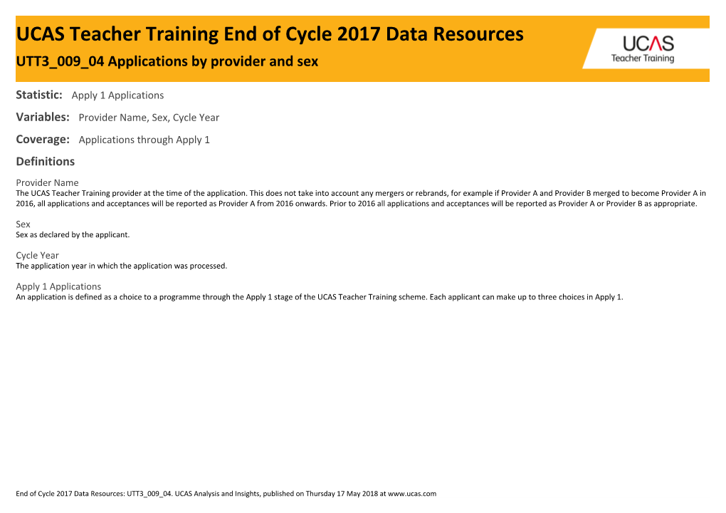UCAS Teacher Training End of Cycle 2017 Data Resources UTT3 009 04 Applications by Provider and Sex