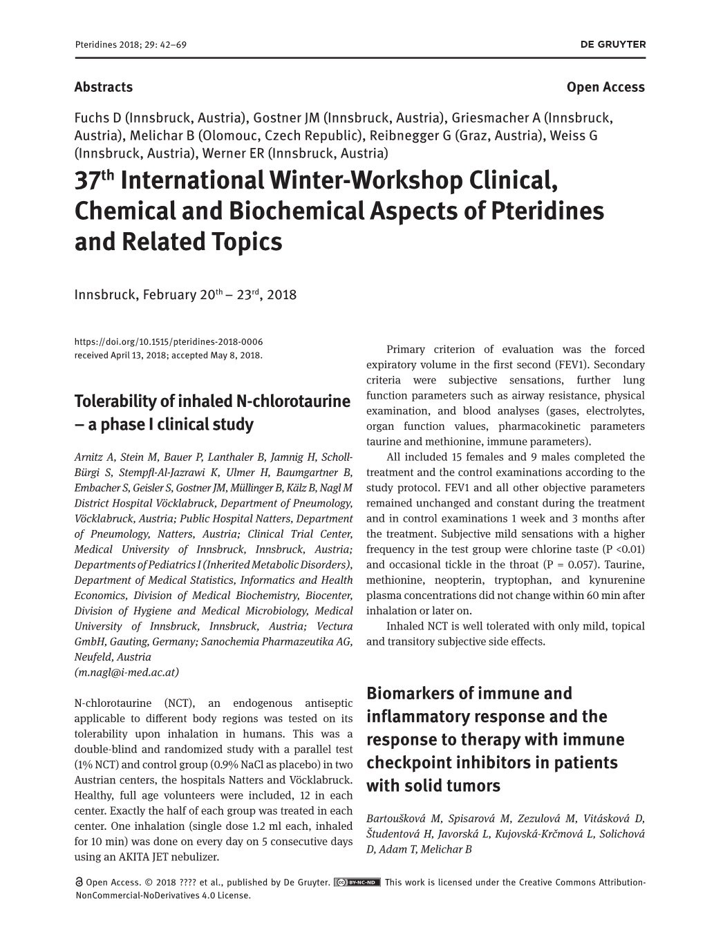 37Th International Winter-Workshop Clinical, Chemical and Biochemical Aspects of Pteridines and Related Topics 43