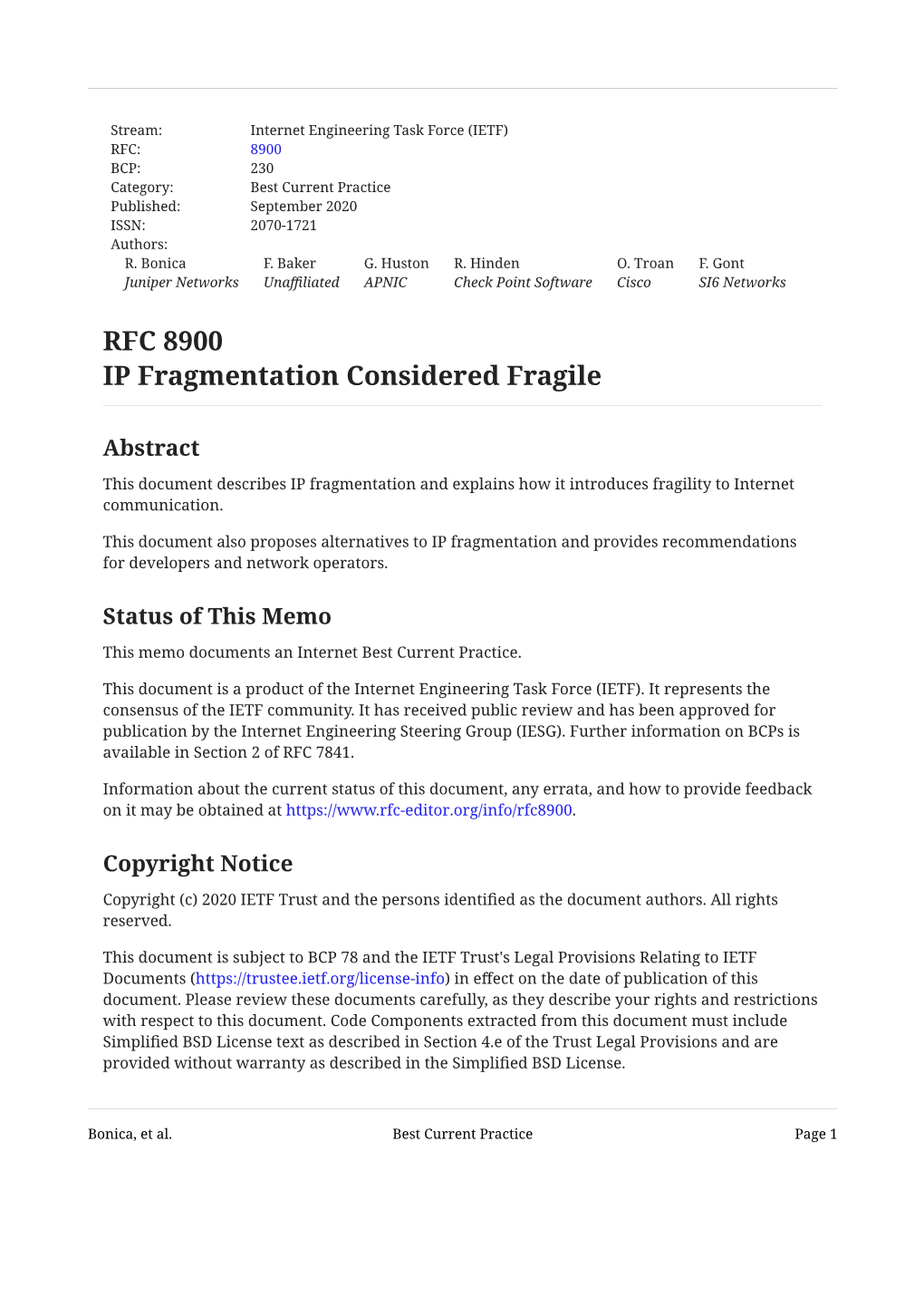 RFC 8900: IP Fragmentation Considered Fragile