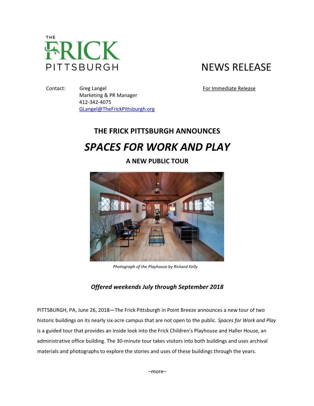 The Frick Pittsburgh Announces Spaces for Work and Play, a New