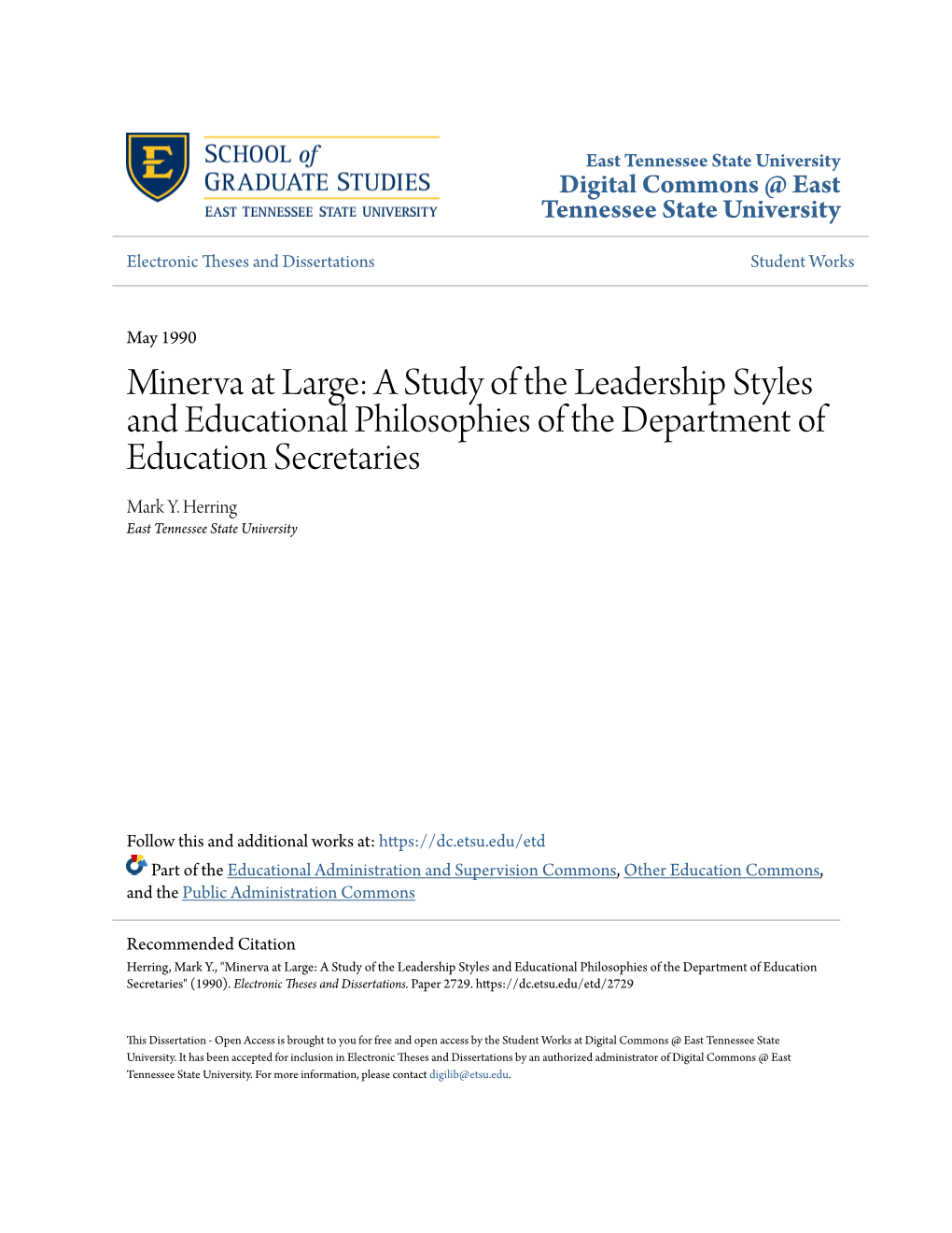 A Study of the Leadership Styles and Educational Philosophies of the Department of Education Secretaries Mark Y