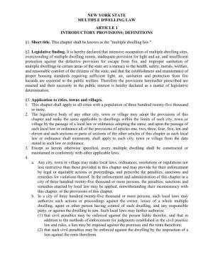 New York State Multiple Dwelling Law Article 1 Introductory Provisions; Definitions
