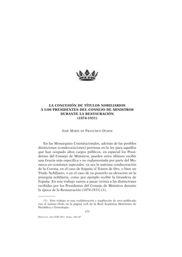 LA CONCESIÓN DE TÍTULOS NOBILIARIOS a LOS PRESIDENTES DEL CONSEJO DE MINISTROS DURANTE LA RESTAURACIÓN (1874-1931) En Las Mo