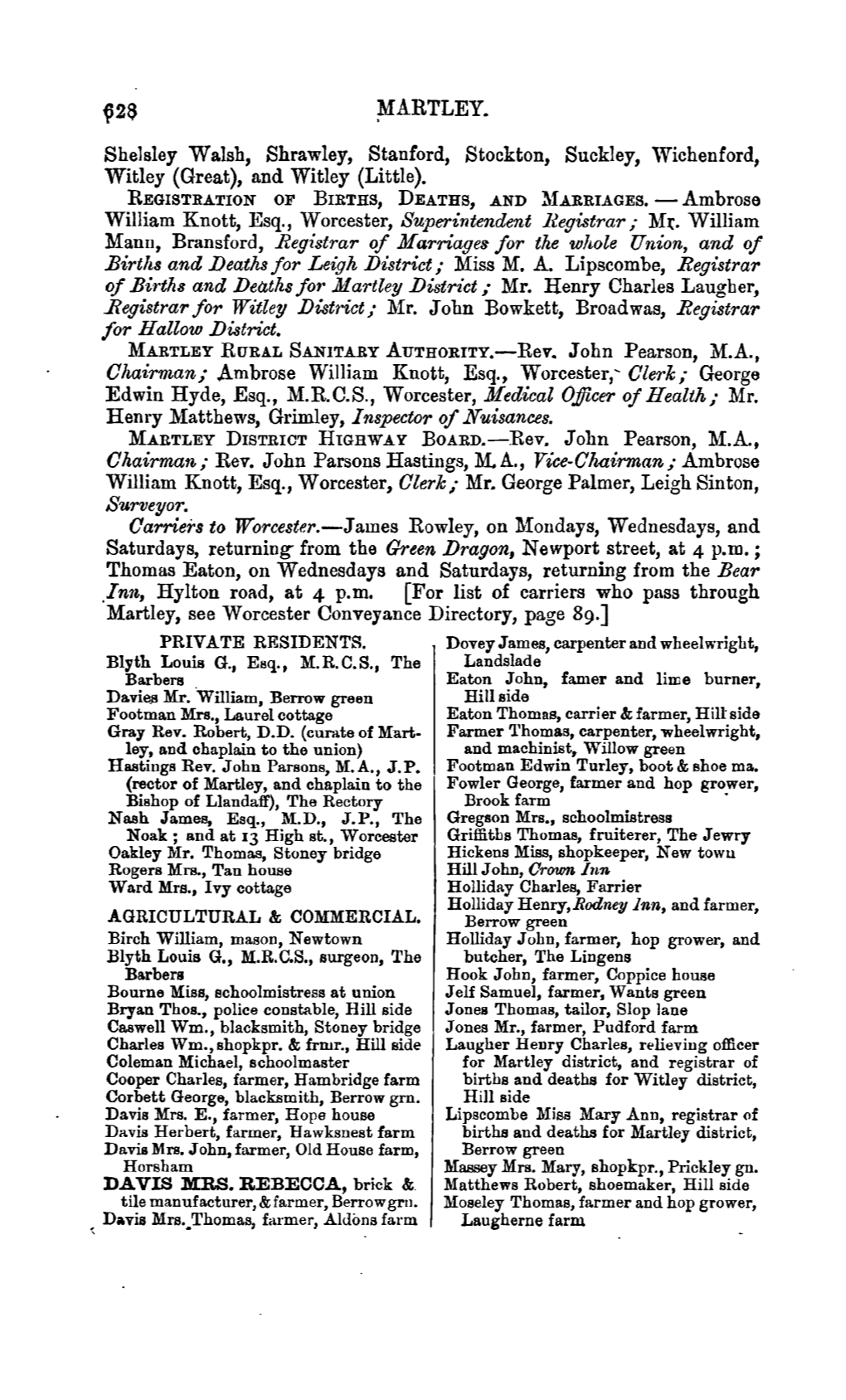 MARTLEY • • Shelsley Walsh, Shrawley, Stanford, Stockton, Suckley, 'Vichenford, Witley (Great), and Witley (Little)