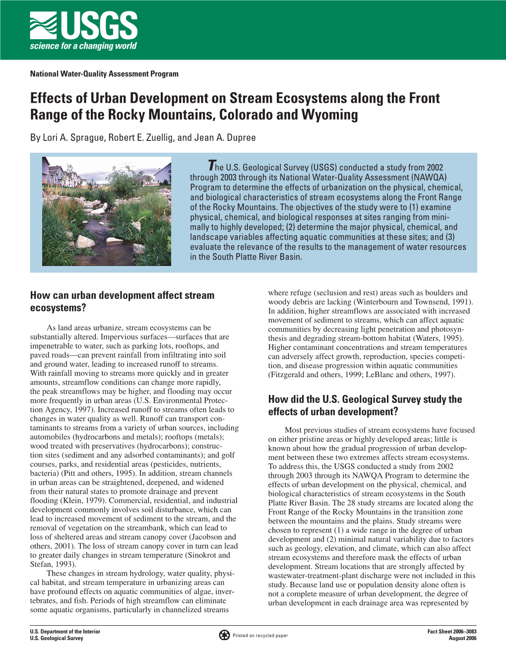 Effects of Urban Development on Stream Ecosystems Along the Front Range of the Rocky Mountains, Colorado and Wyoming