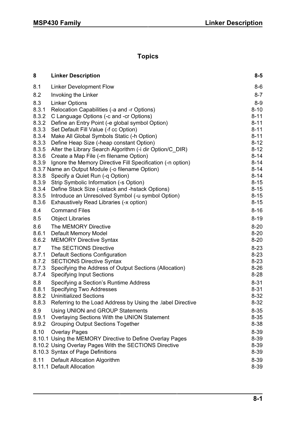 MSP430 Family Linker Description 8-1 Topics