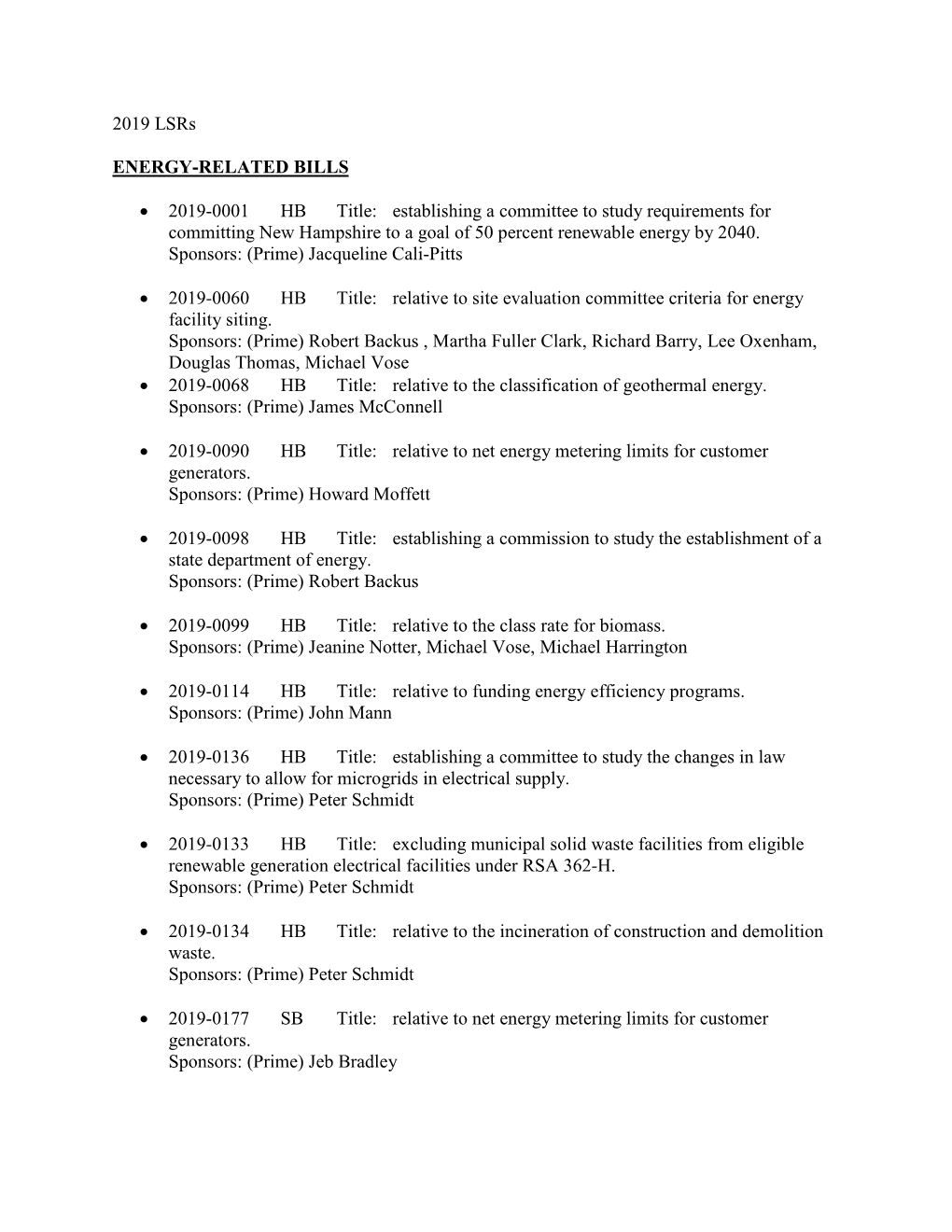 2019 Lsrs ENERGY-RELATED BILLS • 2019-0001 HB Title