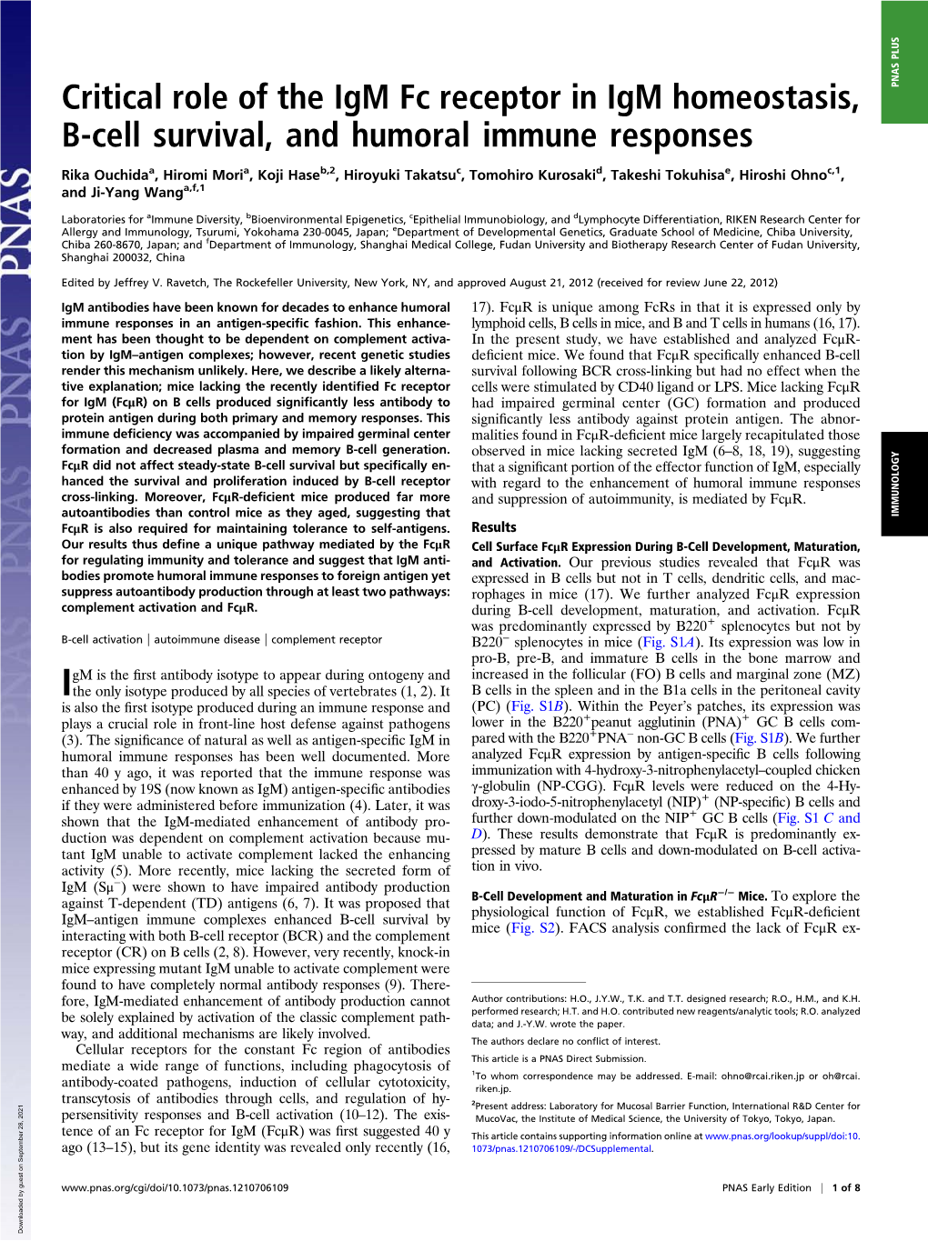 Critical Role of the Igm Fc Receptor in Igm Homeostasis, B-Cell Survival