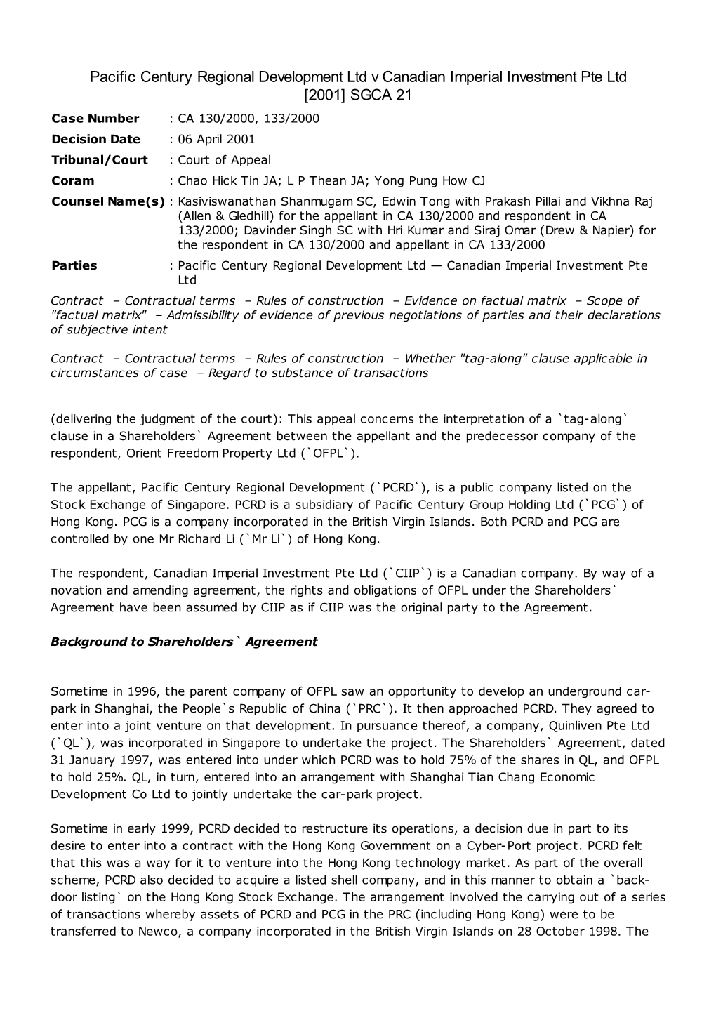 Pacific Century Regional Development Ltd V Canadian