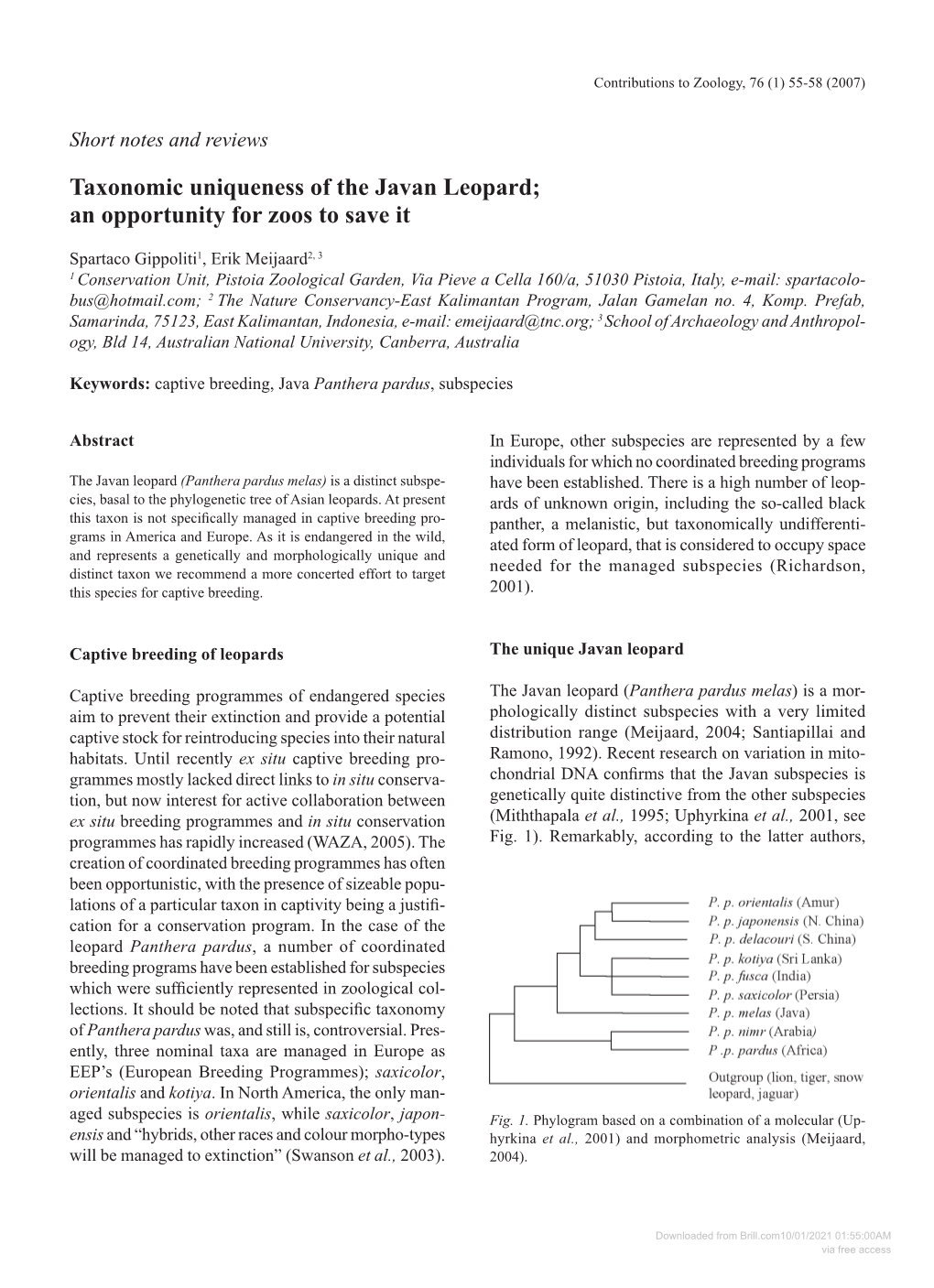 Taxonomic Uniqueness of the Javan Leopard; an Opportunity for Zoos to Save It