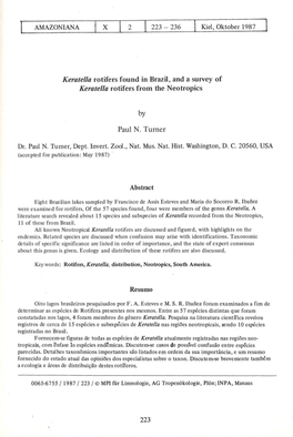 Keratella Rotifers Found in Brazil, and Â Survey of Keratella Rotifers from the Neotropics