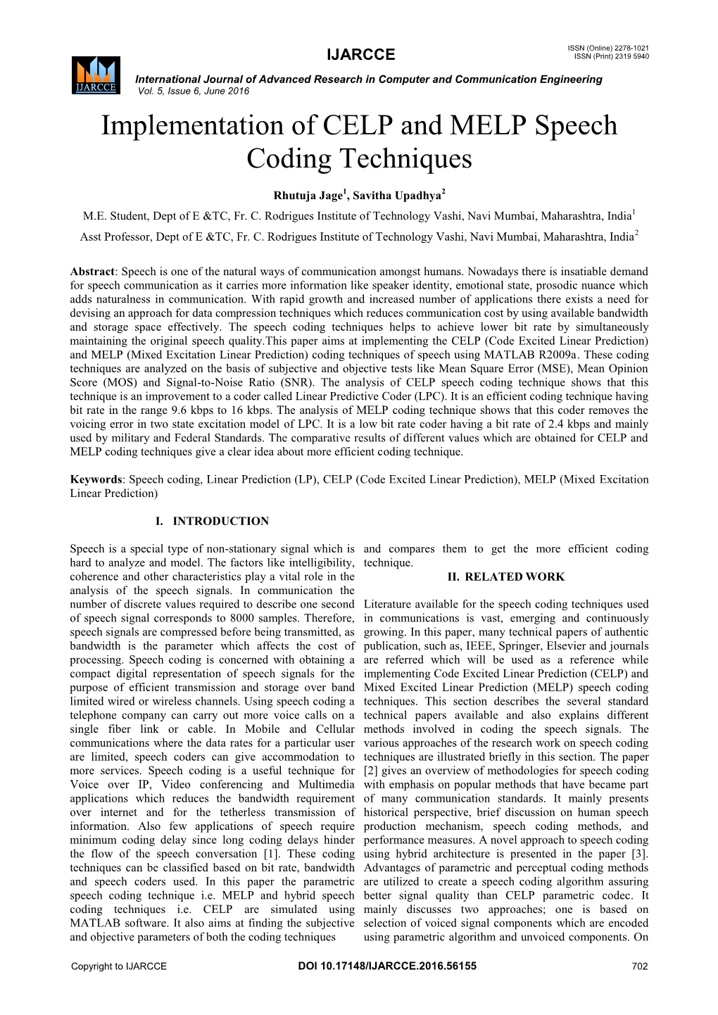 Implementation of CELP and MELP Speech Coding Techniques