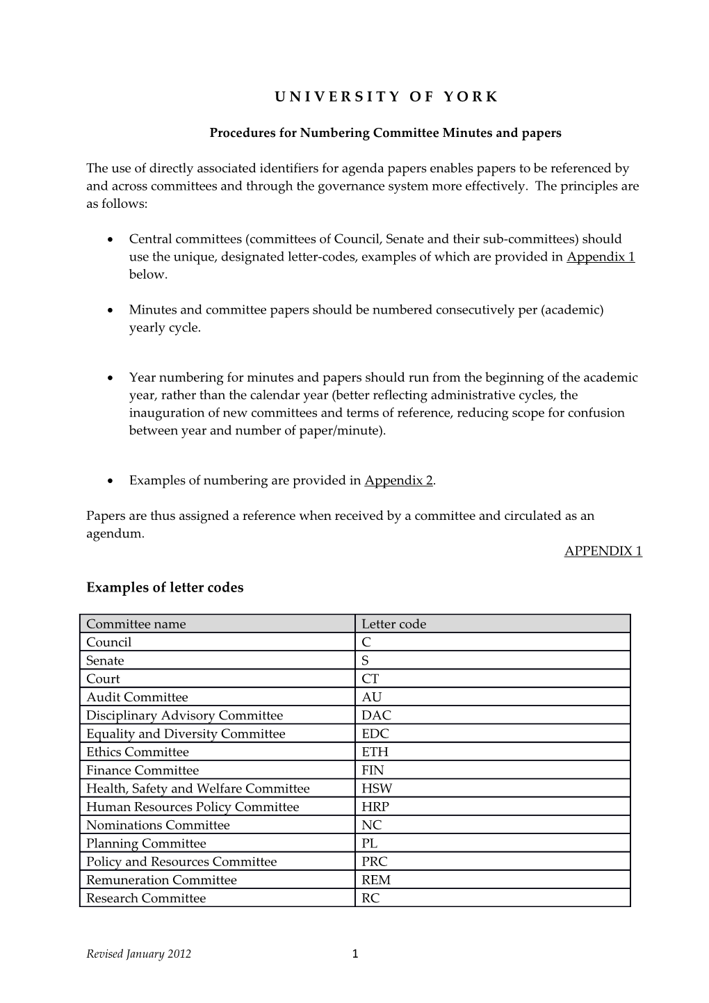 Procedures for Numbering Committee Minutes and Papers