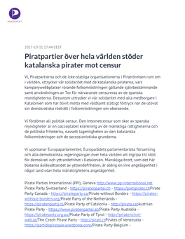 Piratpartier Över Hela Världen Stöder Katalanska Pirater Mot Censur