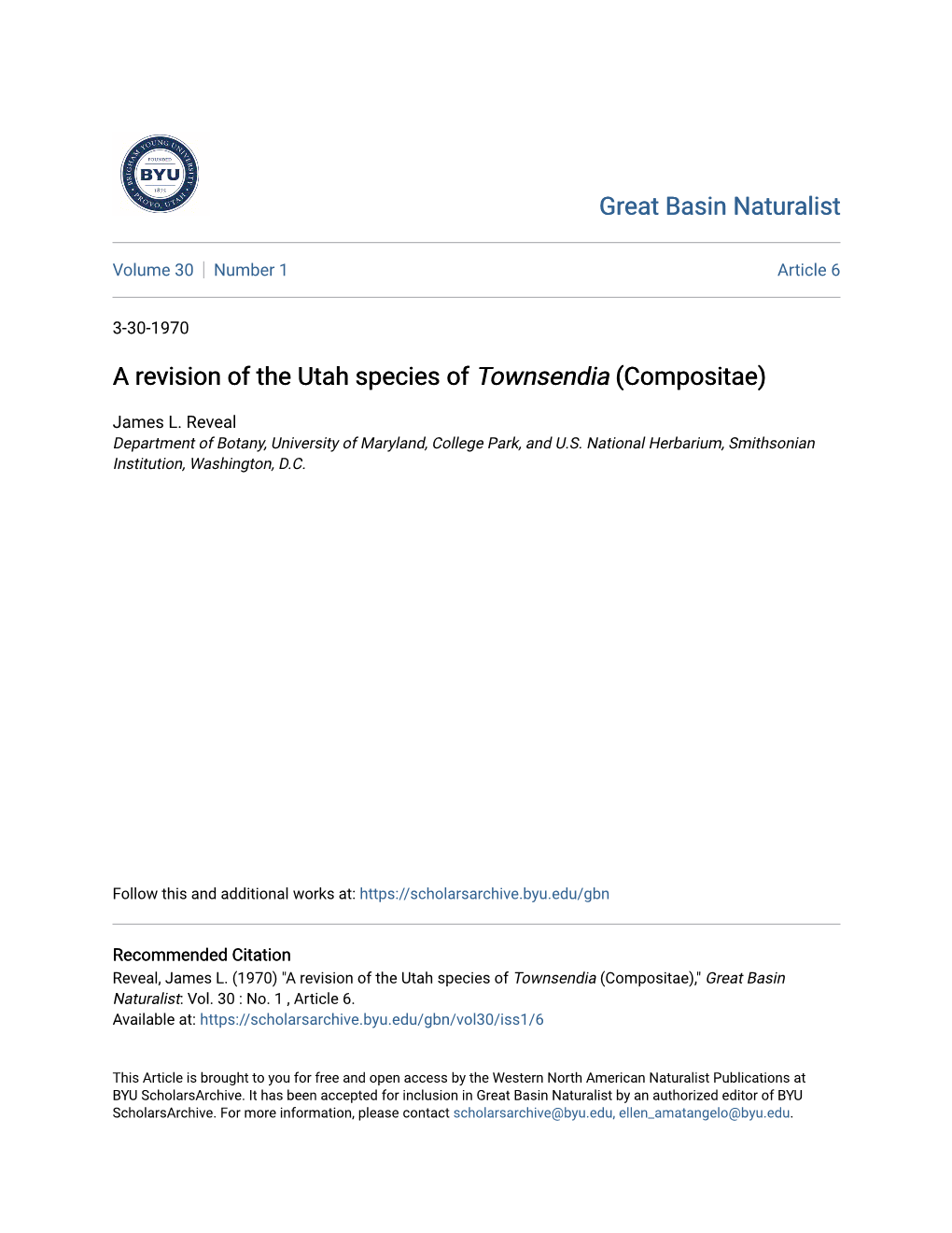 A Revision of the Utah Species of Townsendia (Compositae)