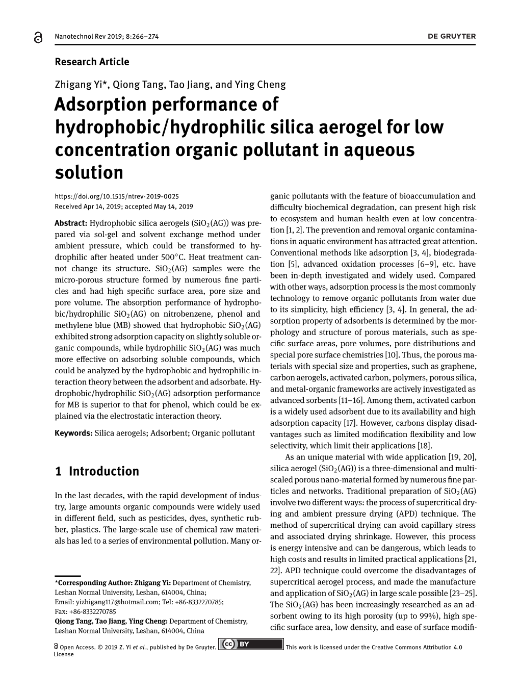 Adsorption Performance of Hydrophobic/Hydrophilic Silica Aerogel for Low Concentration Organic Pollutant in Aqueous Solution