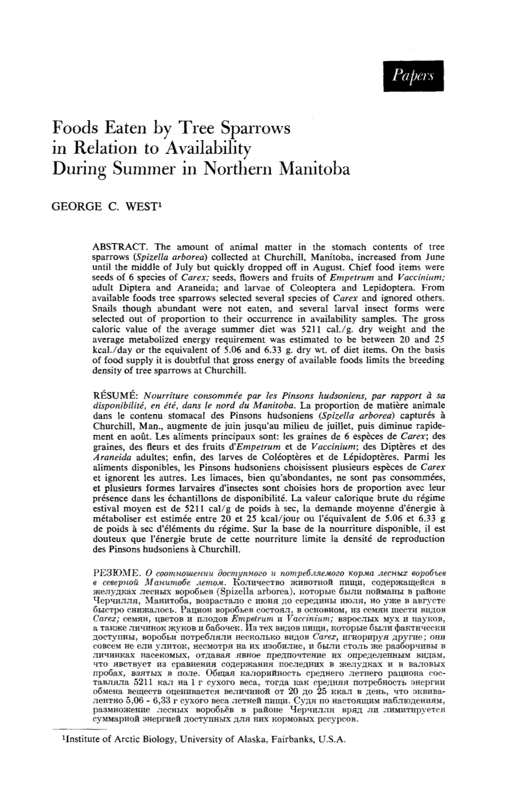 Foods Eaten by Tree Sparrows in Relation to Availability During Summer in Northern Manitoba