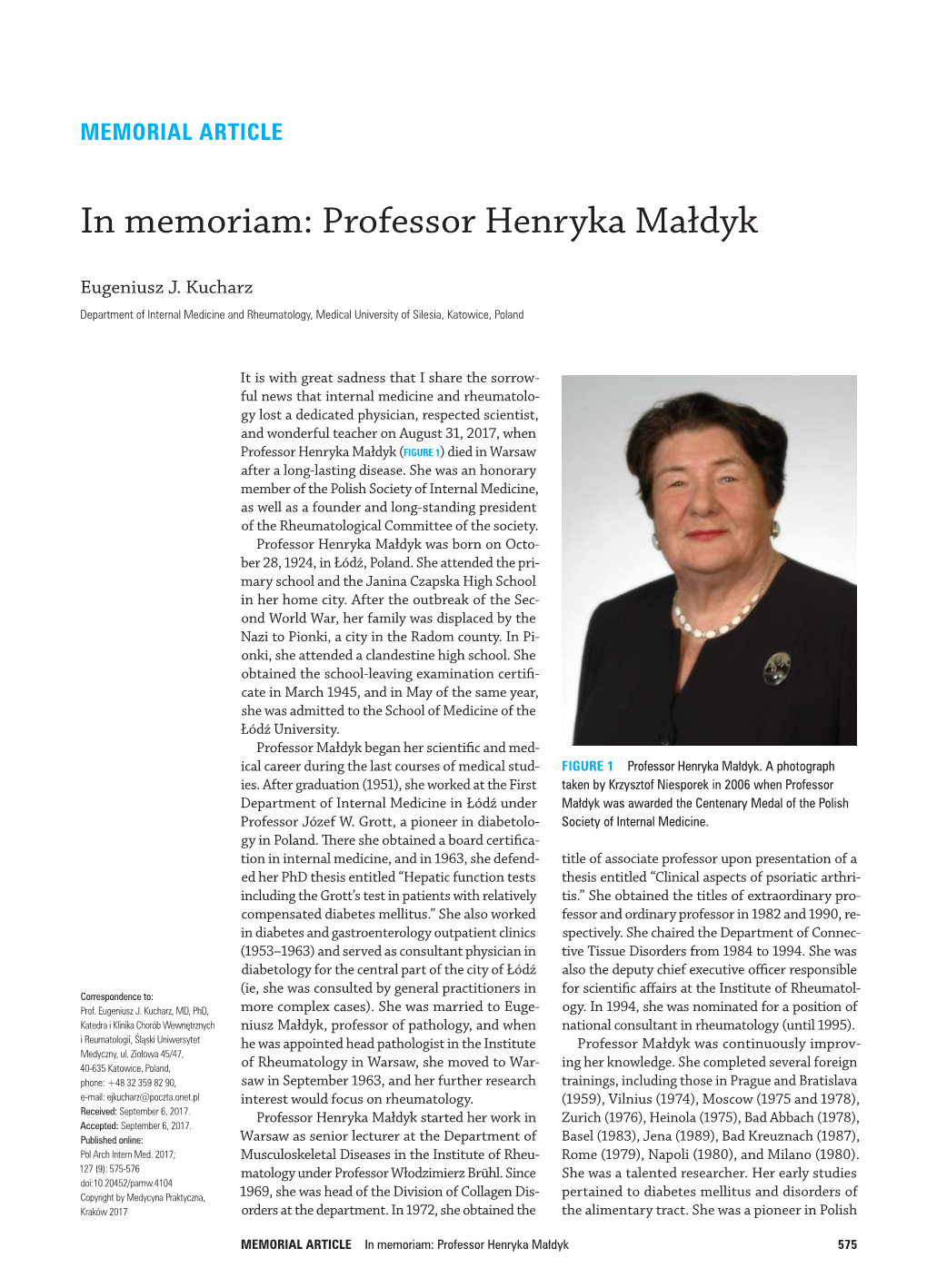 In Memoriam: Professor Henryka Małdyk